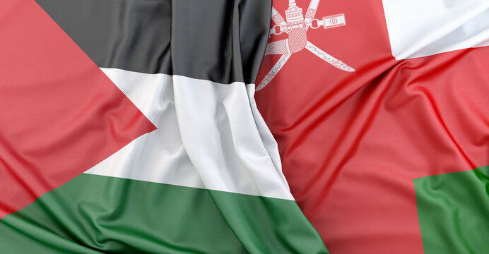 flag of Palestine merging with the sultanate of Oman flag. 3D illustration