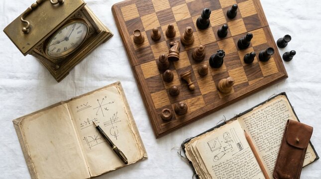 Flat lay of walnut and ebony chess pieces mid-game on wooden board, vintage brass mantel clock, antique handwritten notebook with pen, old book, leather pouch on white fabric