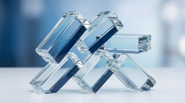 Stack of thick clear glass blocks interlocking at angles, reflecting a clean gradient of deep sapphire and pale sky blue on a white surface with soft bokeh background, modern minimalist studio