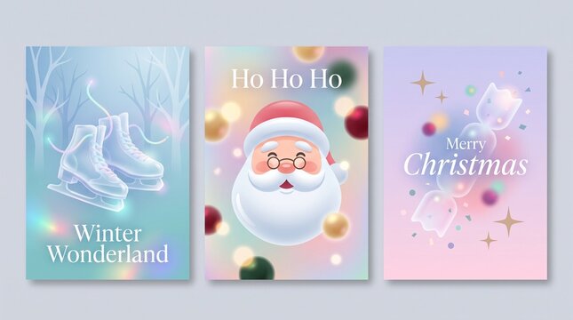 Set of three beautiful christmas greeting cards with santa claus ice skates and festive holiday decoration