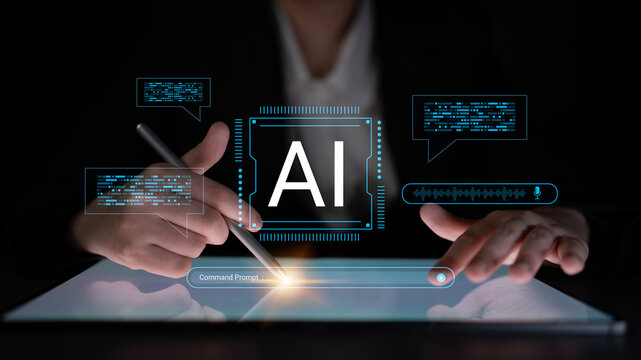 Engaging image of a user interacting with a futuristic artificial intelligence interface on a touchscreen display, highlighting technology and innovation in a dark setting. Cyphers
