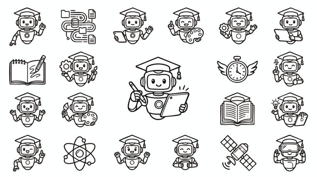 Vibrant cheerful cartoon monkey illustrations featuring graduation caps, books, and awards, concept for educational branding, children&rsquo;s learning materials, and motivational content