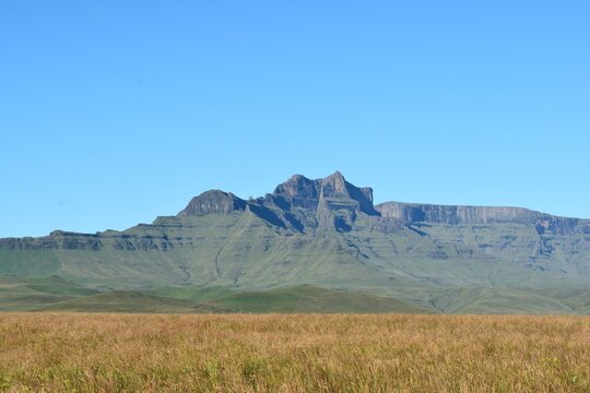 The iconic basalt cliffs of Giant's Castle rising above the golden Highmoor grasslands