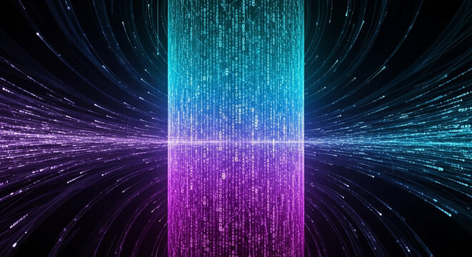 Vibrant streams of energetic neon particles flow through a glowing central pillar while creating an immersive journey across this vast virtual dimension that represents rapid data transmission