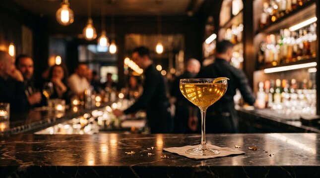 Golden cocktail served in an elegant crystal coupe glass placed on a polished marble bar top inside a dimly lit sophisticated lounge with glowing warm interior lighting and blurred guests