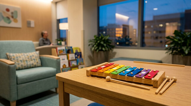 Colorful wooden xylophone on a wooden table in a waiting room with a person in background