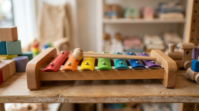 Colorful wooden xylophone toy with mallet resting on a rustic wooden table indoors