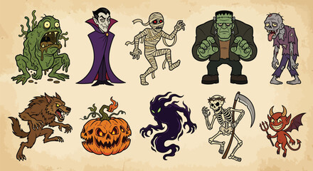 Classic halloween monsters and spooky creature cartoon set © Gimhana