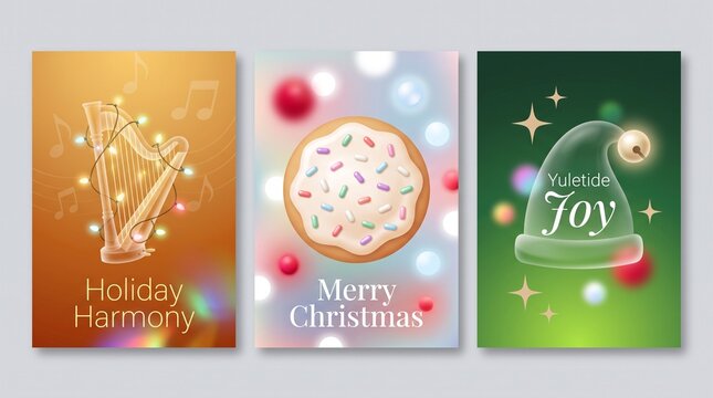 Set of three colorful christmas greeting cards with harp cookie and hat illustrations for holiday season