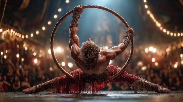 Muscular male acrobat performing impressive cyr wheel balancing act on stage, showcasing intense strength, agility, and artistic skill during a captivating circus show