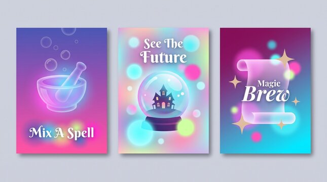 Set of three magical posters with cauldron crystal ball and scroll in colorful gradient style for fantasy art