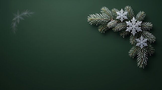 Winter christmas fir branch with snowflakes and icy frost on dark green background.
