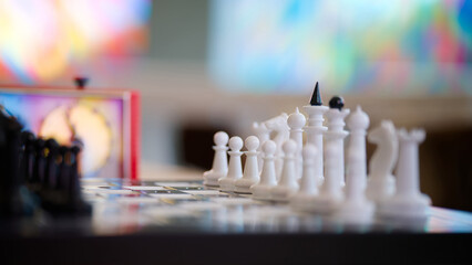 Close-up of chess pieces with shallow depth of field and vivid abstract bokeh, suitable for planning, tactics, leadership and business strategy themes Photo © slexp880