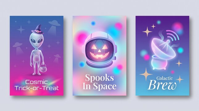Three colorful space themed halloween posters featuring a cute alien pumpkin astronaut and satellite dish art