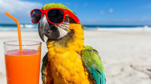 Colorful macaw parrot wearing red sunglasses and enjoying a refreshing tropical cocktail drink on a white sand beach during a summer vacation holiday