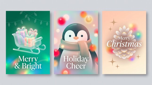 Set of three cute christmas greeting cards with a penguin and a sleigh illustration for winter holiday season