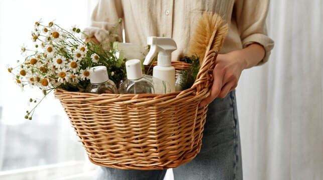 Person holding a wicker basket full of natural eco-friendly cleaning products, a brush, and fresh chamomile flowers, promoting sustainable zero waste home care