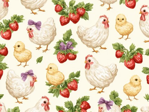 Cute farm pattern with white hens, fluffy yellow chicks, and ripe red strawberries