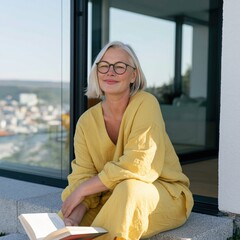 Obraz premium Middle aged woman reading on a balcony with coastal view in morning sunlight wearing yellow linen for relaxed background