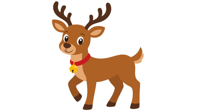 Cute cartoon reindeer character with red collar and golden bell, friendly brown deer with antlers, flat vector illustration for Christmas holiday design, clean white background