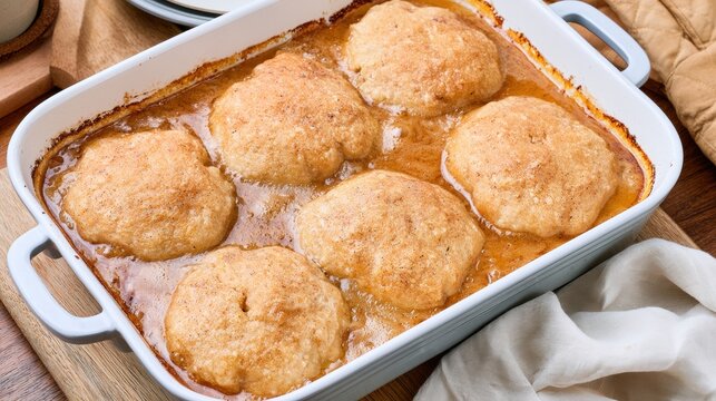 Baked apple dumplings in white casserole dish with cinnamon syrup, home dessert preparation and sweet pastry baking concept