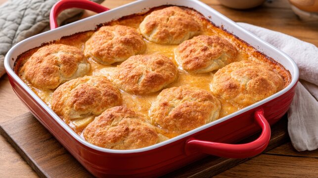 Baked apple dumplings in red casserole dish, homemade dessert, fall baking, bakery menu, restaurant dessert service, upscale apple dumpling