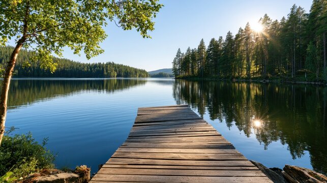 Sunlit lake scene with weathered pier, dense pine woods and blue sky in a Nordic countryside