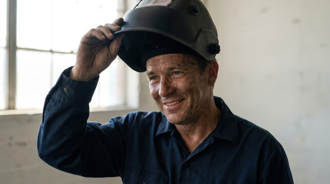 Welder removing protective helmet with tired smile inside industrial workshop