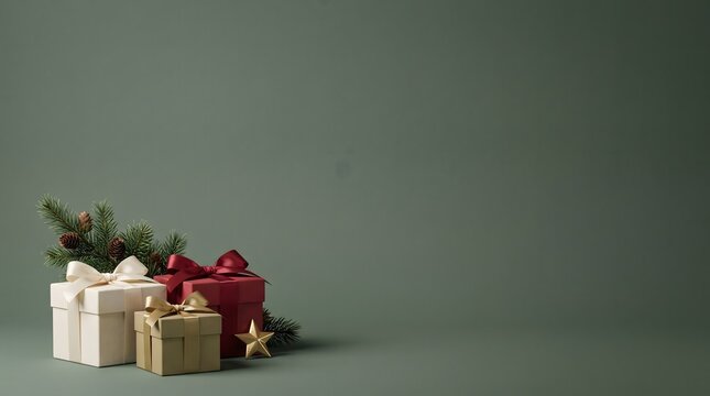 A beautiful composition of wrapped gift boxes and pine branches on a green background for a merry christmas holiday greeting card