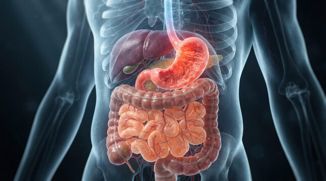 Human digestive system anatomy visualization with glowing red internal organs for gastroenterology medical educational research.