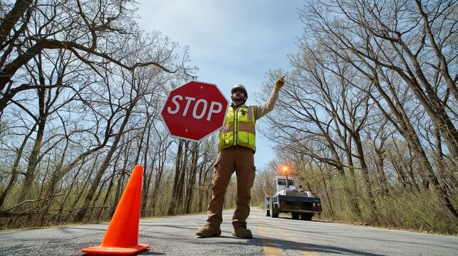Construction worker in hard hat and safety vest holding a stop sign and directing traffic on a rural road work zone amid trees, emphasizing safety and traffic control