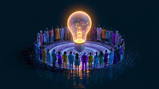 Group of people standing in a circle around a giant glowing light bulb idea concept with innovation