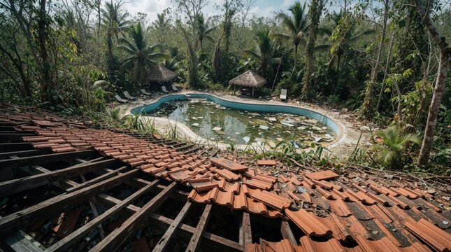 Abandoned hotel swimming pool area. Damaged roof, debris, overgrown jungle plants surround murky water. Vacation retreat ruined by storm damage. Natural disaster site.