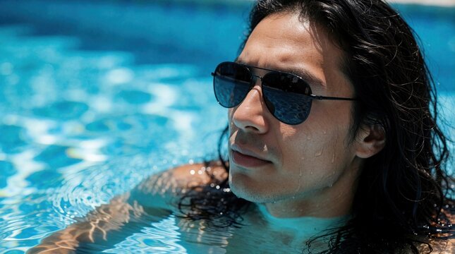 Handsome young man with long wet hair wears black aviator sunglasses. Masculine guy relaxes in blue swimming pool water on sunny summer day. Close up portrait of male model enjoying luxury vacation