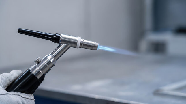 Close up welding torch with blue flame in industrial workshop showing precision metalwork and safety glove for fabrication