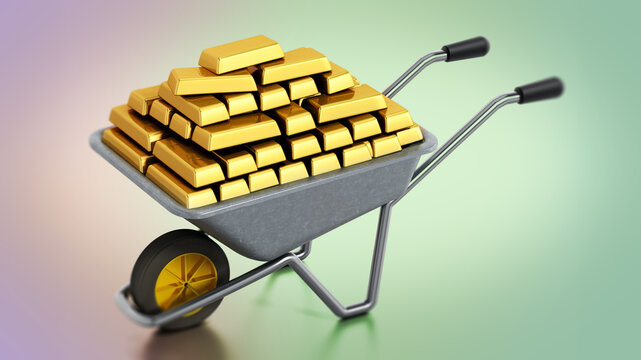 Wheelbarrow full of gold isolated on green background. 3D illustration