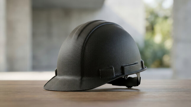 Close up modern carbon fiber hardhat with soft bokeh background and protective construction design