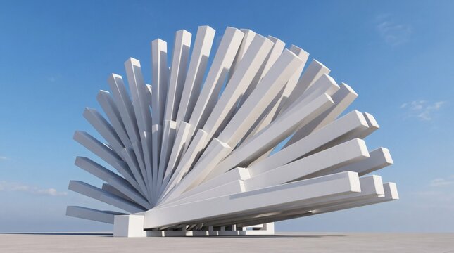 Abstract architectural sculpture, broad white beams fan outward into a tall sweeping spiral. Sunlight defines the rectangular edges above a low base beneath an open blue sky with faint clouds.