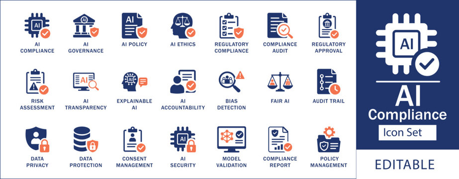 AI Compliance icon set featuring AI governance, ethics, regulatory compliance, risk assessment, data privacy, explainable AI, bias detection, audit trail and policy. Flat vector icons.