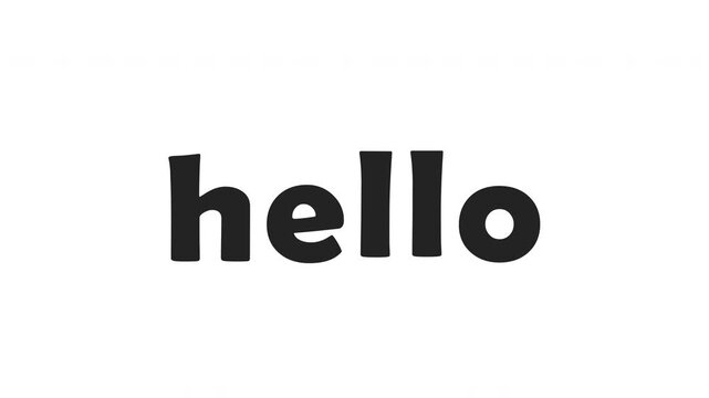 "Hello" text animation, smooth motion with explosive and bouncy expression, black and white, 4K resolution.