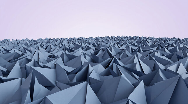 Abstract geometric landscape with a blue-grey polygonal surface and sharp faceted edges in a minimalist digital space