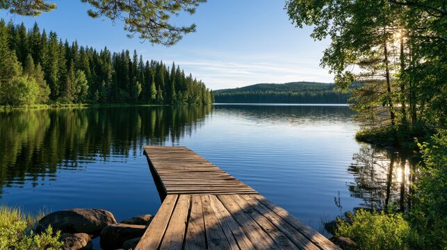 Rustic wooden dock on a Nordic lakeside during a sunlit summer day, calm water and pine forest