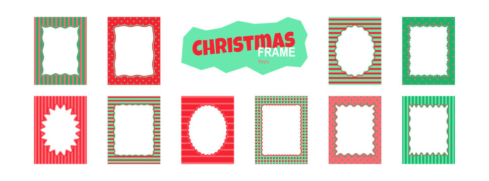 Christmas frame, retro border. Decorative card, retro New Year poster. Winter festive party invitation red, green colors. Holiday rectangle, oval set isolated on white bg. Cartoon vector illustration