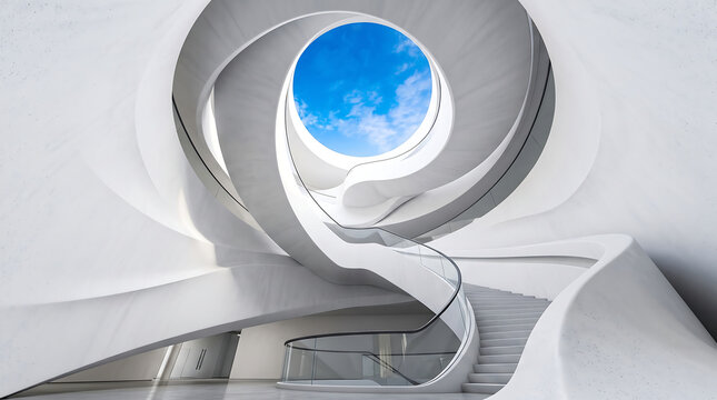 A bright modern spiral staircase ascending toward a skylight in a minimalist building atrium
