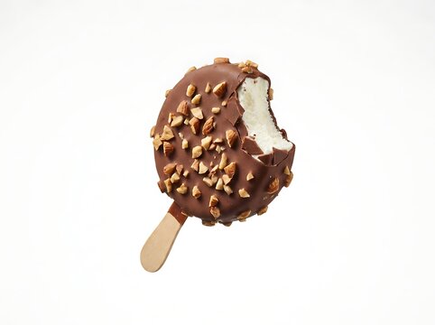 Chocolate covered ice cream treat with nuts and bite taken