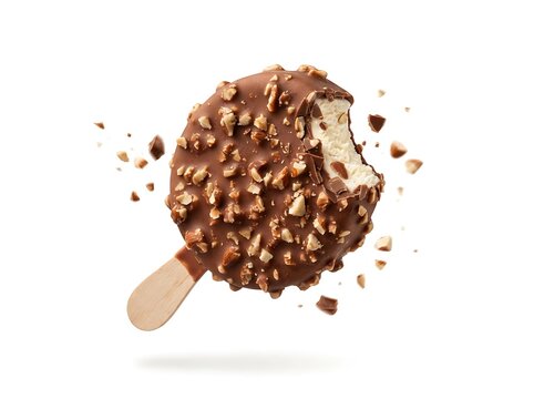 Chocolate covered ice cream treat with nuts and bite taken