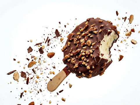 Chocolate covered ice cream treat with nuts and bite taken