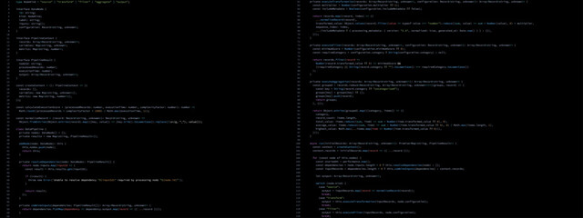 Fototapeta premium Programming code on dark screen with colorful syntax highlighting. Software development source code in code editor. Data pipeline processing algorithm for technology and programming concept.