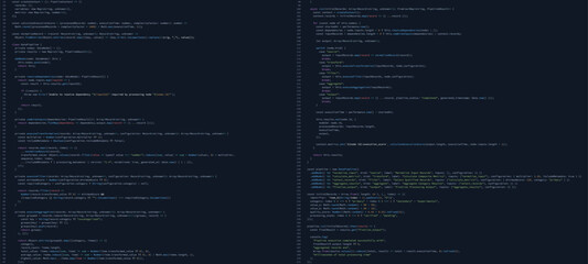 Fototapeta premium Programming code on dark screen with colorful syntax highlighting. Software development source code for data processing application. Coding technology and computer programming background.