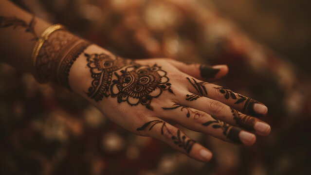 closeup of bridal hand with mehndi design at indian wedding